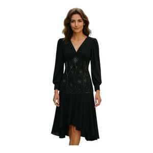 Vintage Lillie Rubin 8 Drop Waist Swing Dress Black Beaded Floral Sheer Sleeve